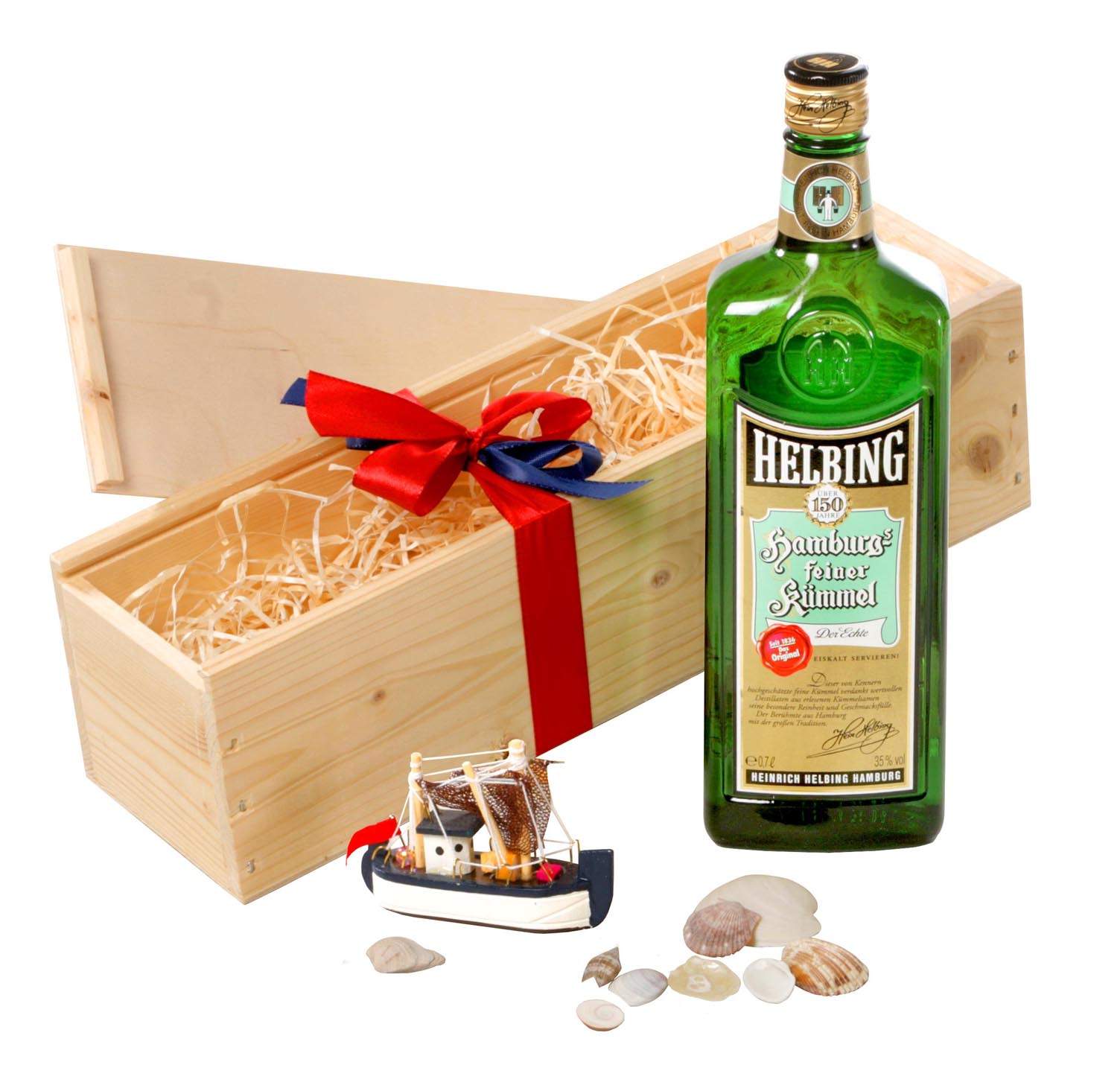 Helbing Kümmel maritim in Holzkiste mit Kutter und Muscheln